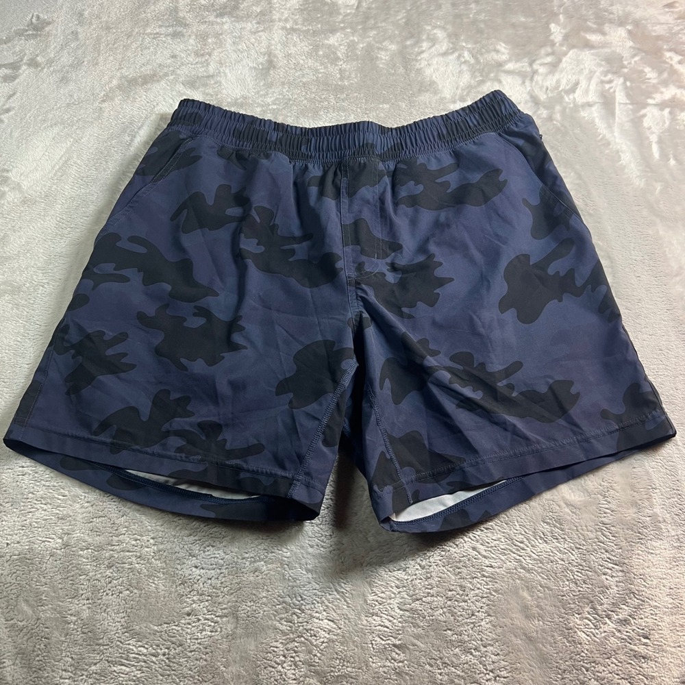 Rhone Men's L Mako Shorts Navy Blue Camo Athletic Training 7 Inch Inseam